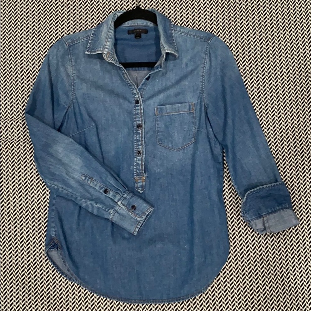 J Crew 1/2 Button Shirt in Blue Distressed Denim